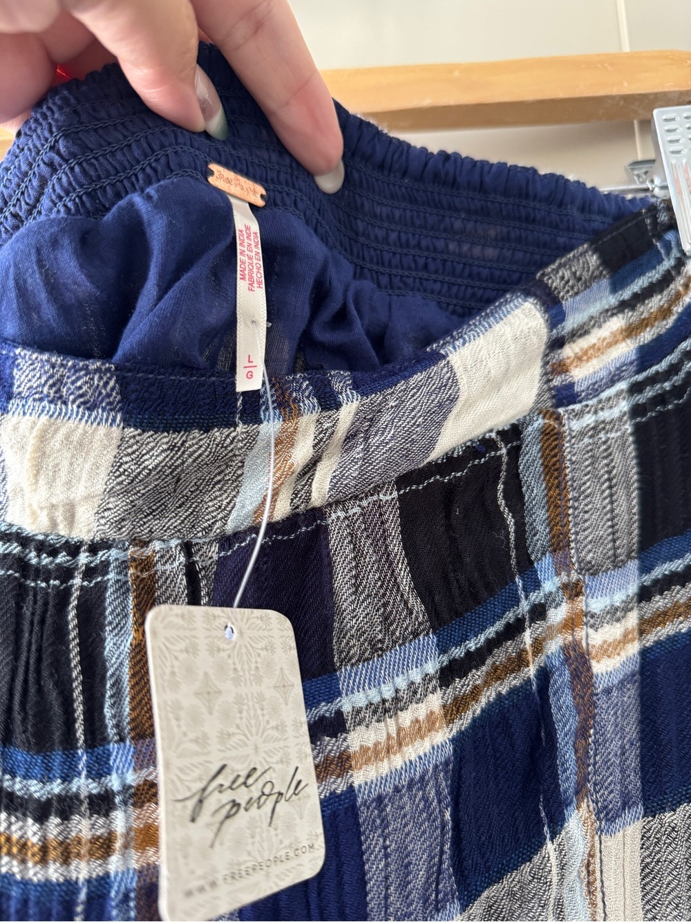 Free People Bordeaux Plaid Maxi Skirt Billowy Column Fit Navy Blue Combo Frayed - Picture 5 of 8
